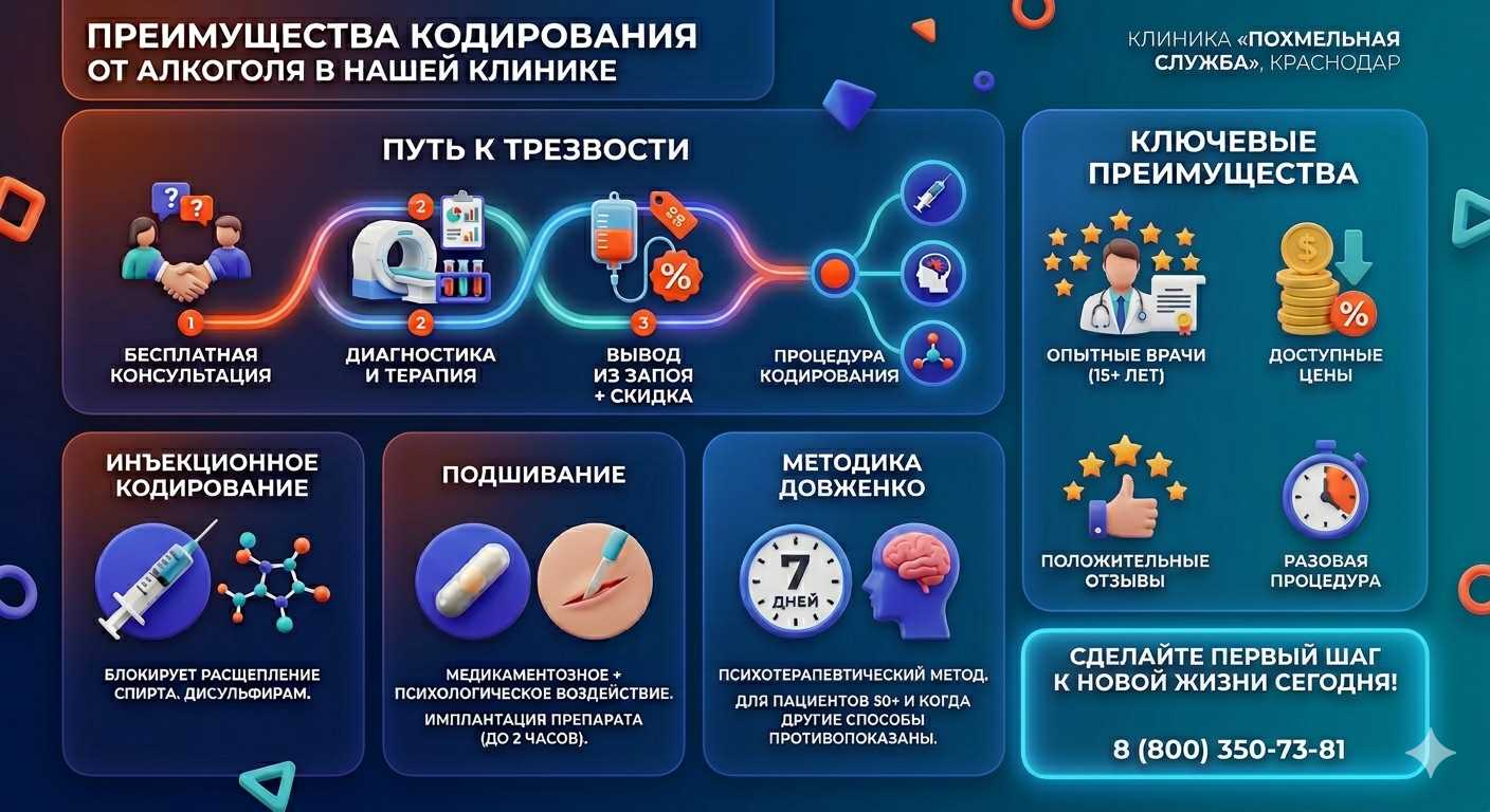 Инфографика о методах кодирования от алкоголя в Большом Камне: инъекции, подшивание, метод Довженко. Преимущества клиники и этапы лечения.