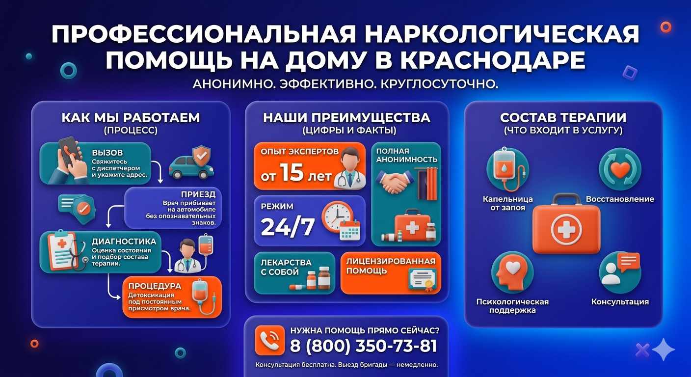 Инфографика о принципах лечения алкоголизма на дому в Большом Камне: этапы вызова нарколога, преимущества анонимной детоксикации и состав медицинской помощи.